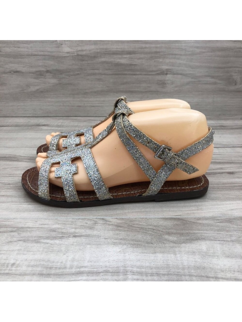 Sam Edelman Sandals Kids 4 Sliver Glitter Leather Shimmer Buckle Flat Shoes